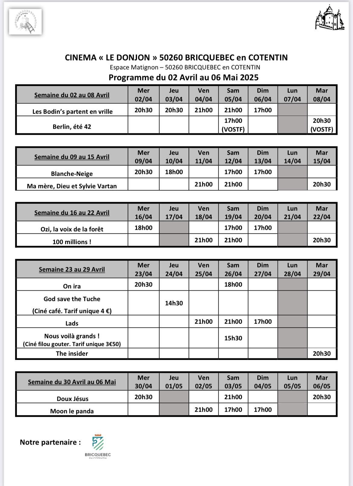 Programme du 02 avril au 06 mai