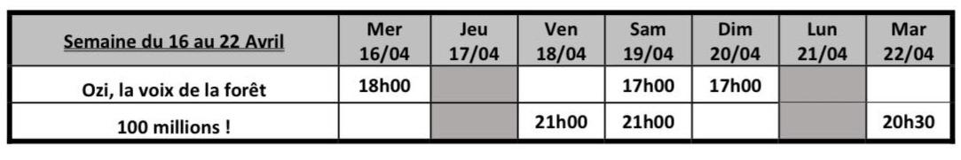 Programme du 16 avril au 22 avril