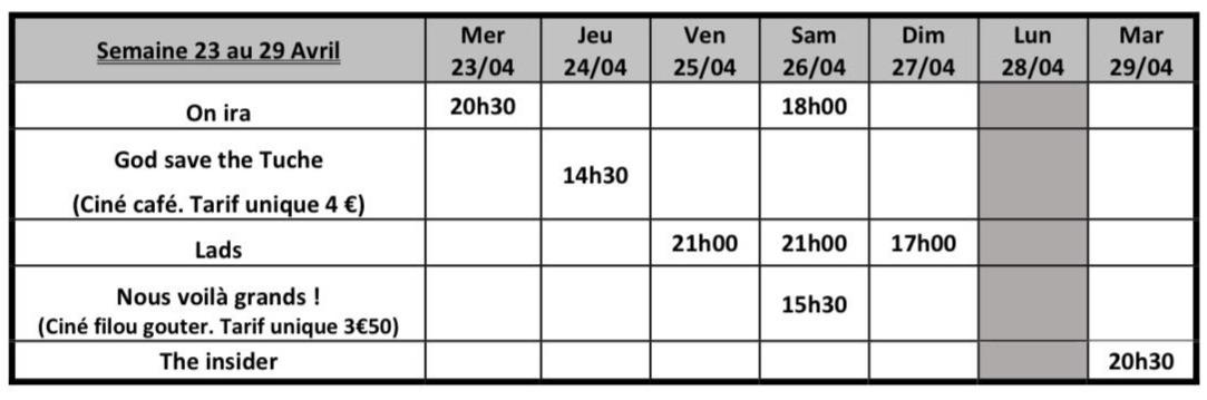 Programme du 23 avril au 29 avril