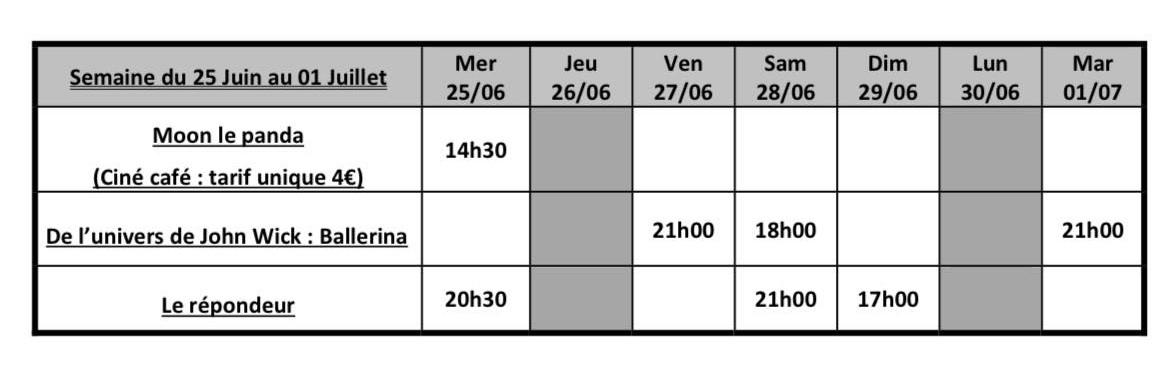 Programme du 25 juin au 01 juillet 2025